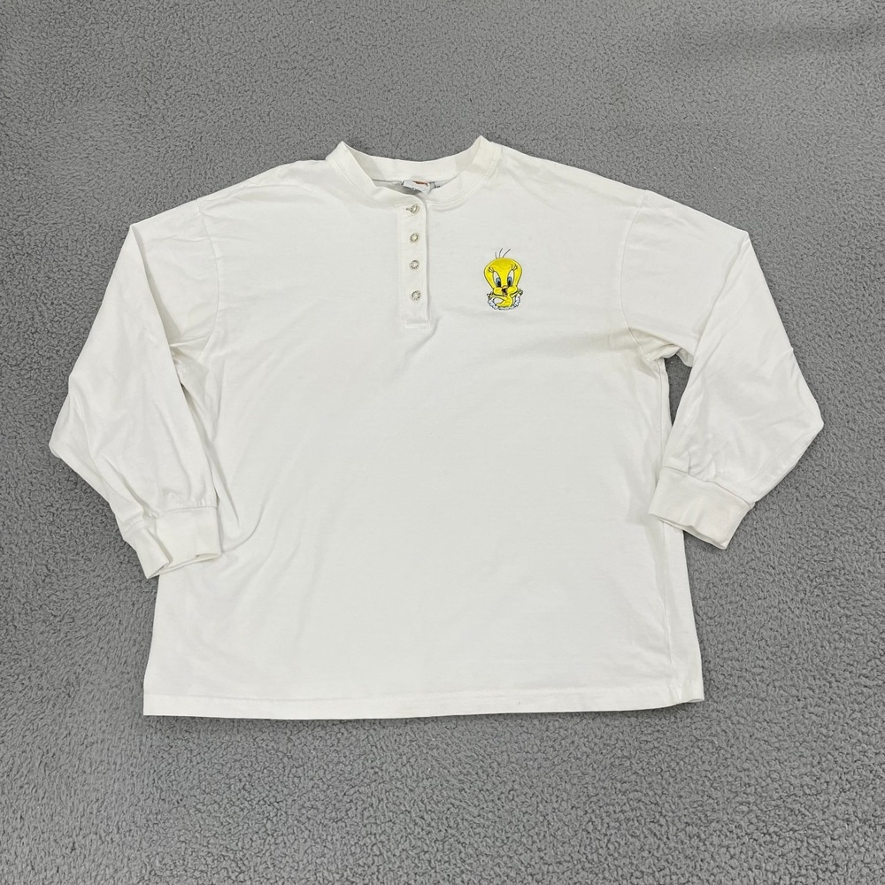VTG  Tweety Bird Looney Tunes Henley Women L White Long Sleeve 90s Cartoons
